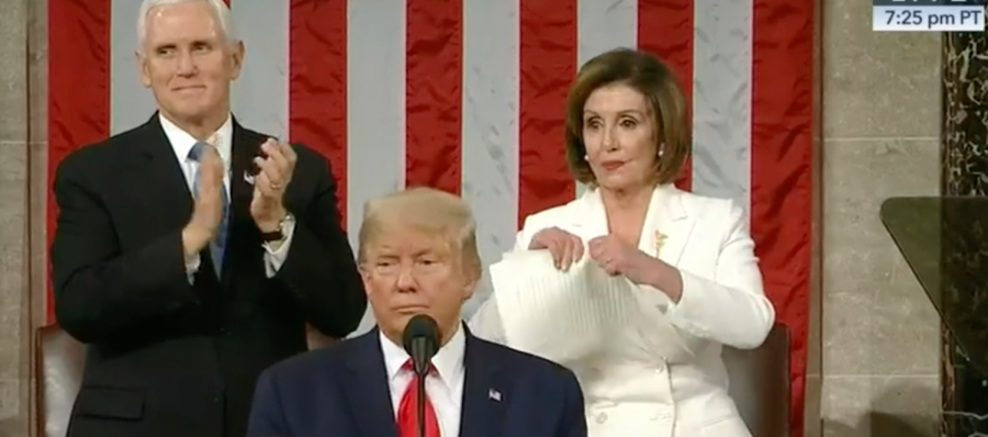 Speaker of the House Nancy Pelosi tears up a copy of President Trumps State of the Union address. President Trump delivered his address to both the Senate and the House of Representatives in the United State Capitol. 