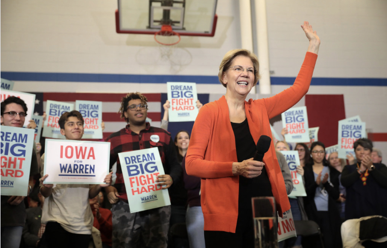 Elizabeth+Warren+addresses+a+crowd+of+supporters+at+a+town+hall+at+Fisher+Elementary+School+in+Marshalltown%2C+Iowa.+Warren+visited+multiple+states+over+the+course+of+her+2020+election+campaign.