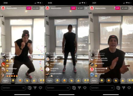 Three screenshots show a boxing-themed fitness instructor in various poses during a workout.