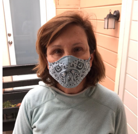 President Ann Marie Krejcarek wears one of the masks she made out of bandanas for hospitals and nursing homes in need of masks. Residents of San Francisco had until April 22 to acquire a mask before the city requires everyone to wear one in public.