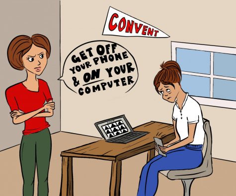 Virtual learning settings take a toll on students' mental and physical health. Cartoon art by Kate Loomans.