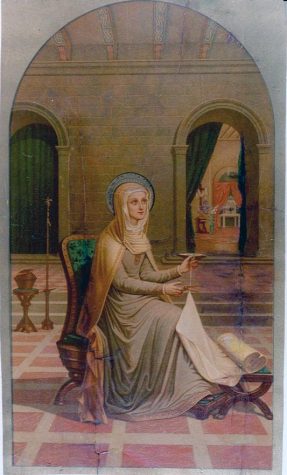 The final “Mater” painting depicts Mary pausing in reflection while she gazes upwards at God as she completes her weaved garment. “Mater in the House of Saint John” was painted by Pauline Perdrau in 1883, but the original is lost.
