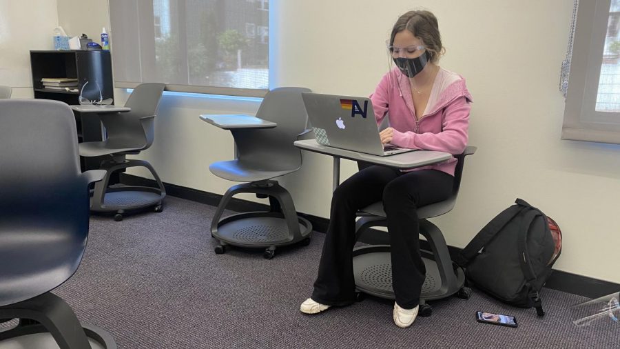  Sophomore Amalyia Sypult sits in her classroom with a mask and face shield on for protection. The San Frnacisco Department of Public Health made a surprise visit today to make sure students and faculty are wearing masks at all times and face shields when less than 6 feet apart from another person.