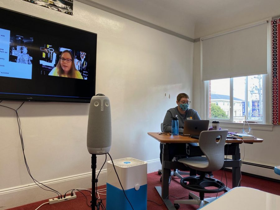 Gender, Power and Ethics teacher Elaina LeGault teaches in person students and remote students using the Meeting Owl. The Owl and IPads are some of the technologies Convent & Stuart Hall is providing teachers to make hybrid learning easier.