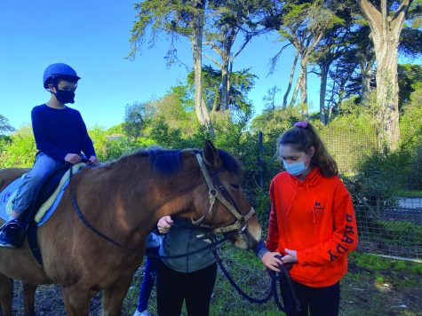 Sophomore Natalie Posner holds the horse as Gavin Scola, 4, waits for riding instruction from director Sarah Meakin at the James S. Brady Therapeutic Riding Program. Volunteers help children learn to ride horses as a form of physical and emotional therapy. 