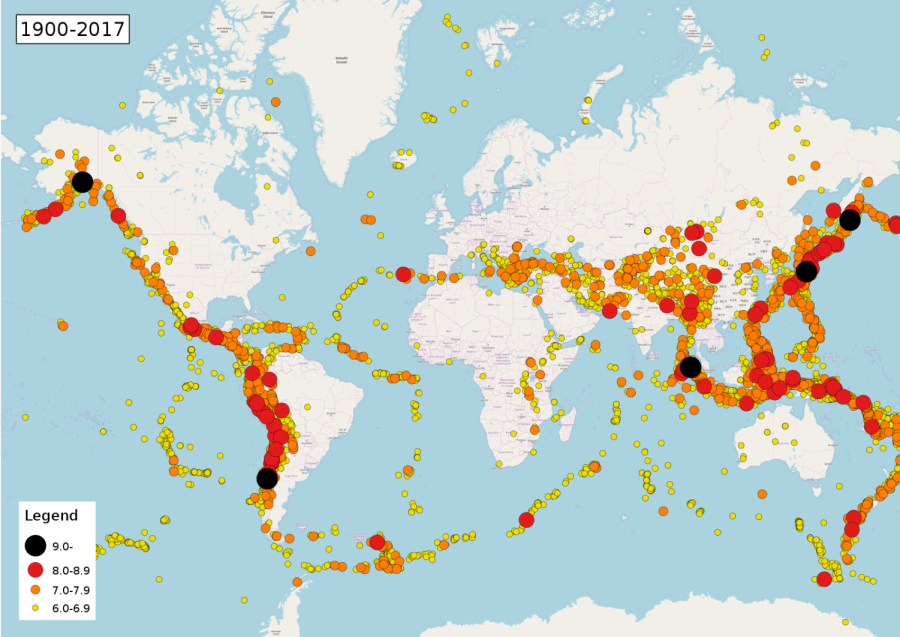 Map of earthquake hotspots from 1900-2017. In 2017, there were a recorded 12,797 earthquakes. 