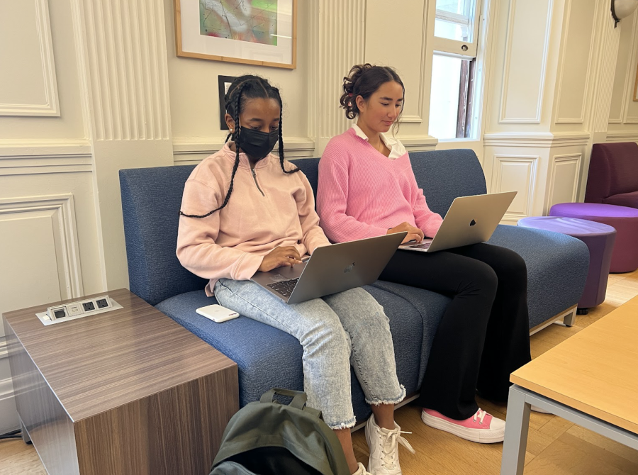 Freshmen Elan Elias and Elizabeth Fox highlight the pink colors of Mater by wearing pink. The tradition of wearing pink and having pink donuts dates back to the early years of Convent & Stuart Hall. 
