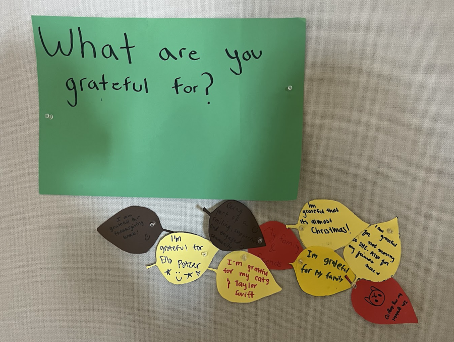 Students wrote about what they are thankful for on leaves to celebrate Thanksgiving. The Thanksgiving board can be found on the Broadway campus and will be open to additions even after break.