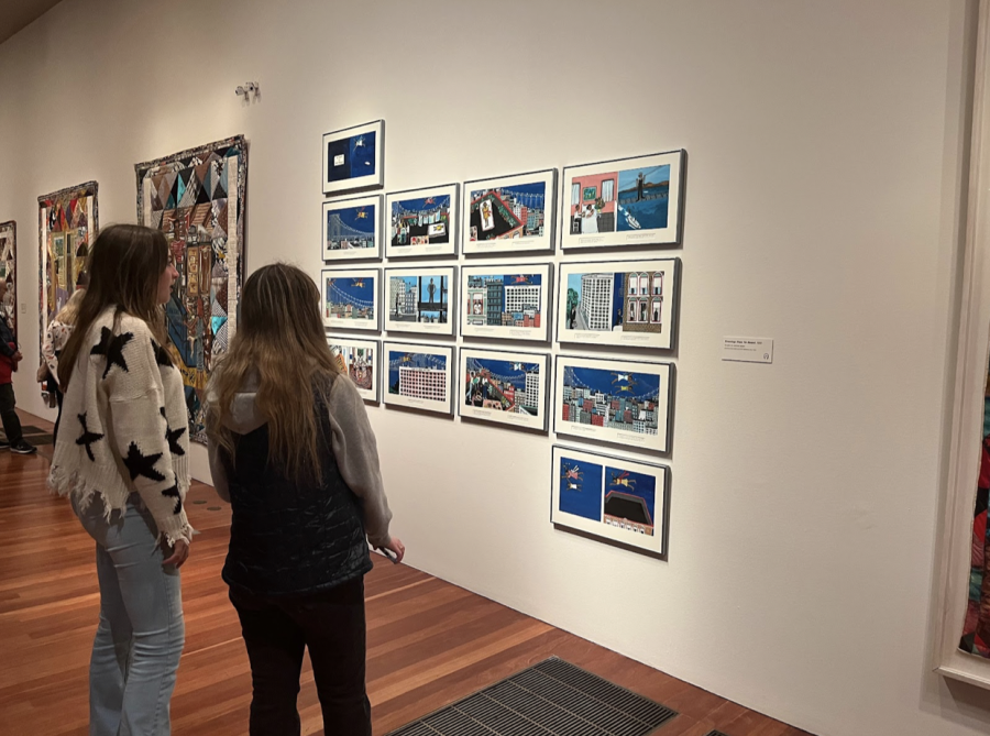 Students looking at the DeYoung’s Faith Ringgold: American People exhibit. The class learned about Ringgold leading up to the visit and her work is on the Advanced Placement test.

