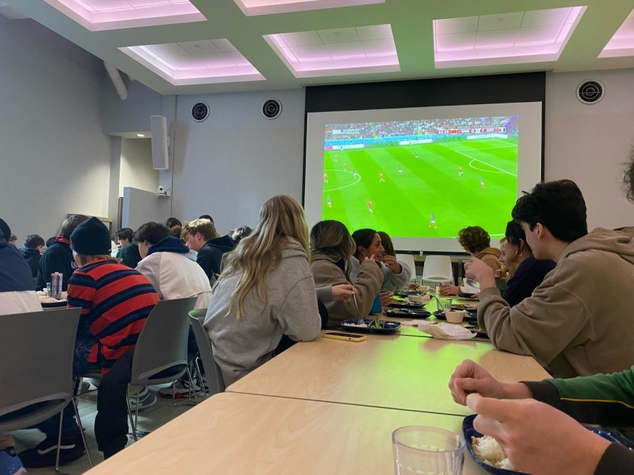 Students watch the France-Morocco game today at the Pine Octavia campus during lunch. Students have streamed games on their phones, computers, and TVs at school for all of the World Cup games during lunch block.