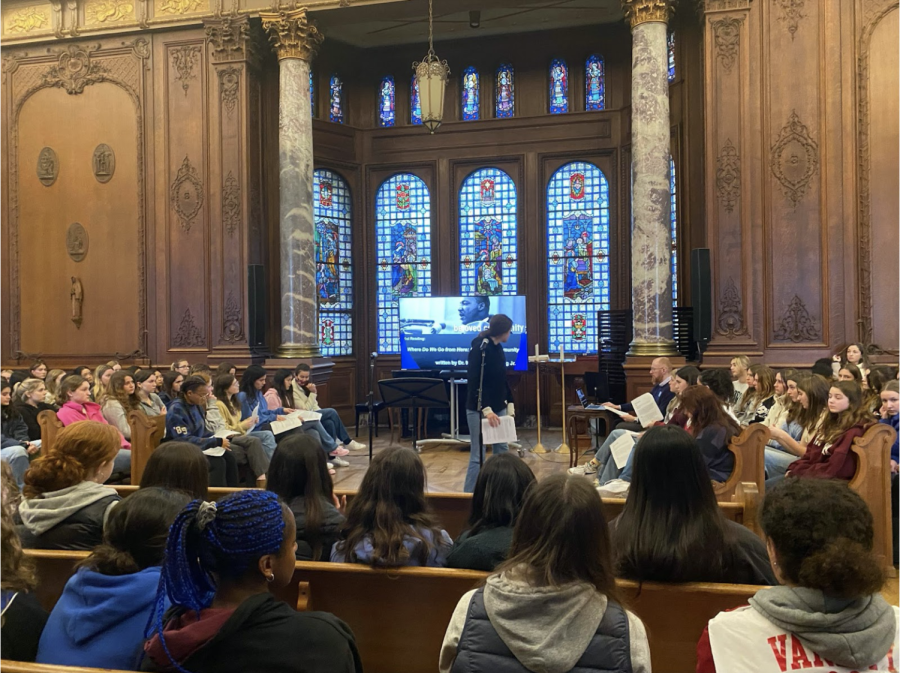 Senior Julia Kearney prepares to read Lectio Divina, or the Divine Reading, for chapel. This chapel was held to commemorate the 60th anniversary of Dr. King’s “I Have a Dream” speech, which occurs next week. 