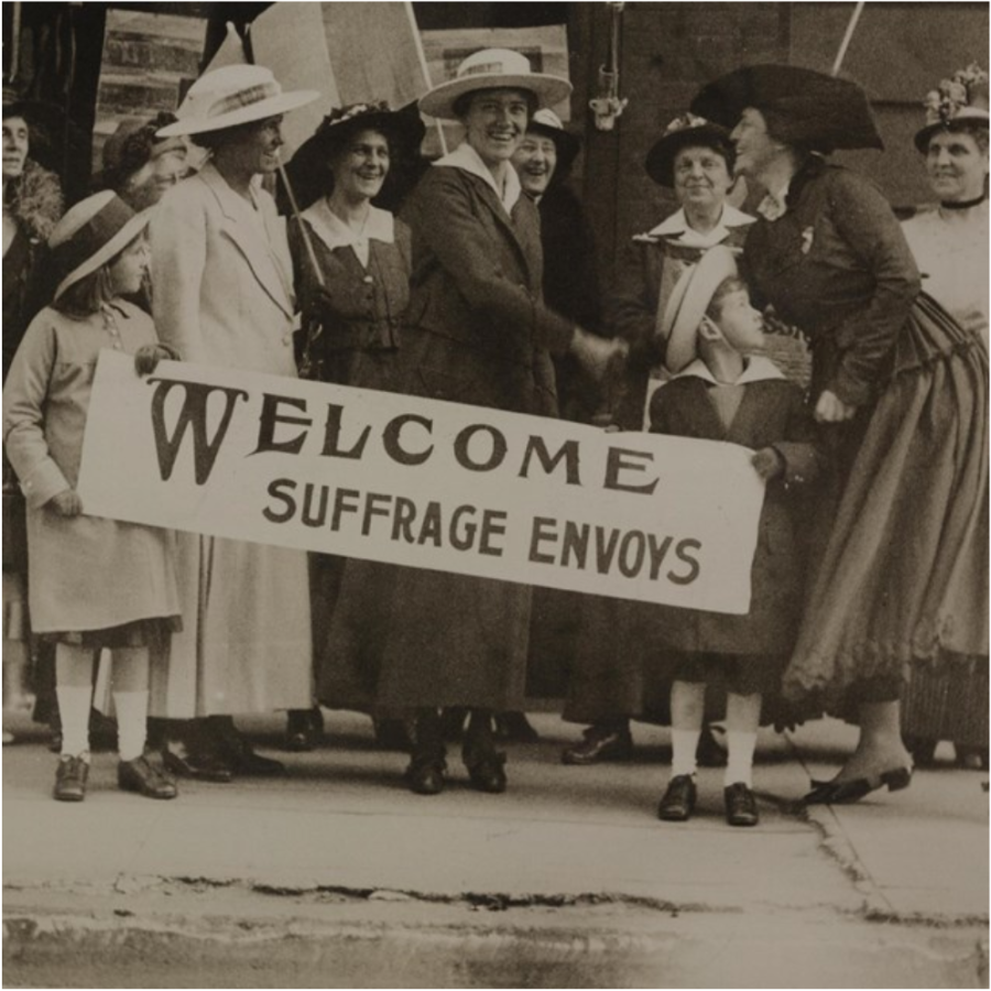 Suffrage+envoys+from+San+Francisco+on+their+way+to+petition+Congress+in+1915.+The+suffrage+movement+was+led+by+Elizabeth+Cady+Stanton%2C+Lucretia+Mott%2C+and+Susan+B.+Anothony.%0A