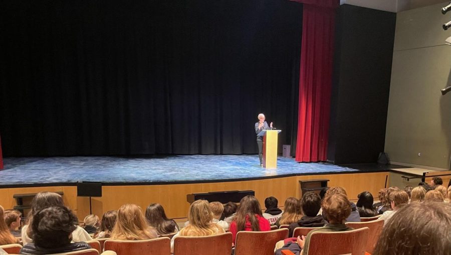 Students watch Lisa Damour speaking in the Syufy theater about coping with different stressors. Last week students saw author Luis Urrea speak in this same location.