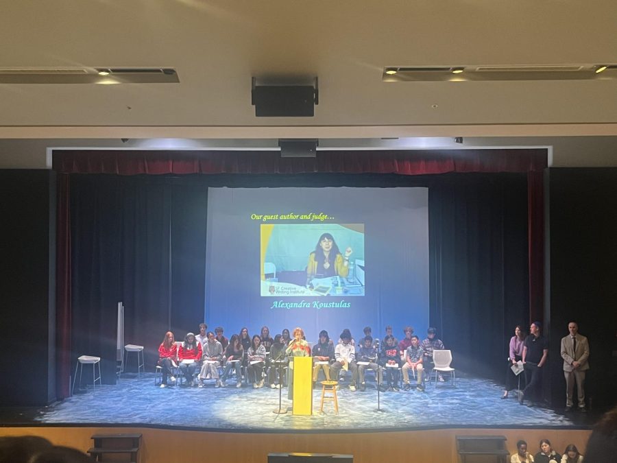 Students gathered in the Syufy Theatre to attend the annual Poetry Contestival. Award-winning poet Alexandra Kostoulas spoke on stage and awarded the school-wide winners, senior Bailey Parent and junior Ruby Aiello, their prizes. 
