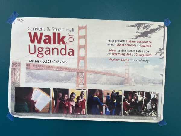 A Walk for Uganda poster located at the Pine Octavia campus. The walk mainly supports the education of girls in Uganda.