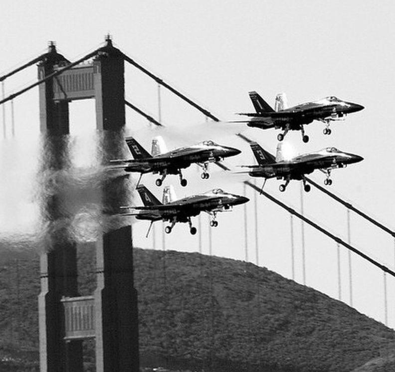 Fleet Week in 2014, as the Blue Angels fly by the Golden Gate Bridge. Fleet Week has been a tradition in San Francisco since 1981.