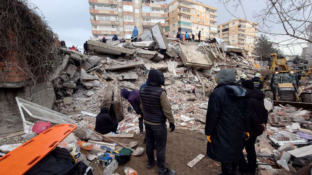 The aftermath of the 2023 Turkey earthquake that had a magnitude of 7.8. The strength of an earthquake is commonly measured on the Richter Scale and the biggest earthquake ever was recorded in Chile and had a magnitude of 9.5.