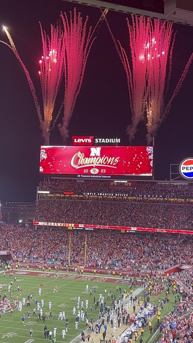 The+49ers+celebrating+their+win+with+fireworks+at+Levi%E2%80%99s+Stadium.+Levi%E2%80%99s+Stadium+has+been+the+home+venue+of+the+49ers+since+2014.