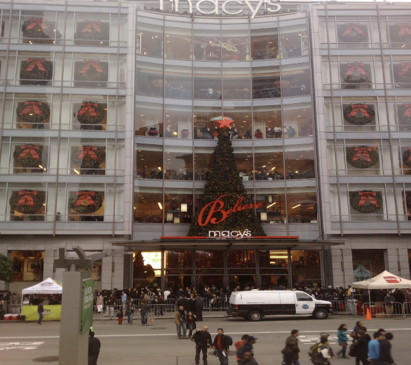 The Union Square’s Macy’s storefront during Christmas in 2011. The Macys Christmas tree lighting began in 1948.
