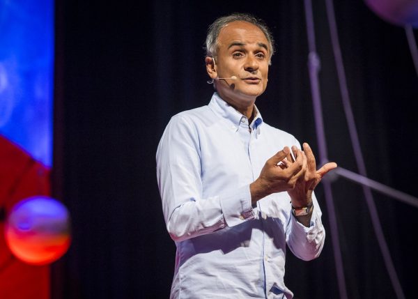 Pico Iyer giving a TED talk in 2013. Iyer has participated in many TED talks and podcasts, many of which are widely watched and have millions of views.