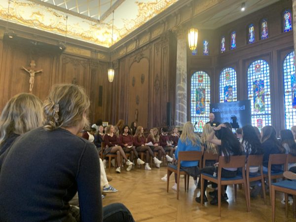 Convent students in the Be Mardel Chapel preparing to listen to student speeches. All students paid rapt attention to every speech and carefully considered every candidate.
