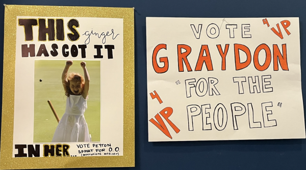 wo posters for candidates who ran for operations officer and vice president, from left to right. Junior Peyton Spaht was one of the candidates for the run-off for operations officer.
