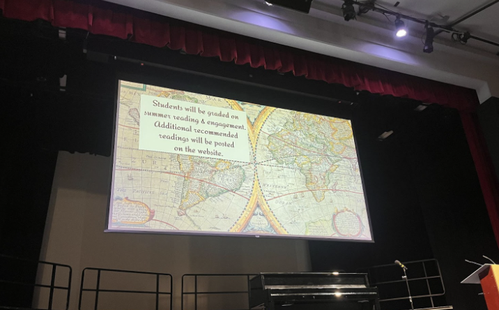 A slide from the history department’s presentation on the stage of Syufy theater. Convent students listened to a representative from each subject speak on work that can be done to keep up academic skills during the summer, both required and suggested. 