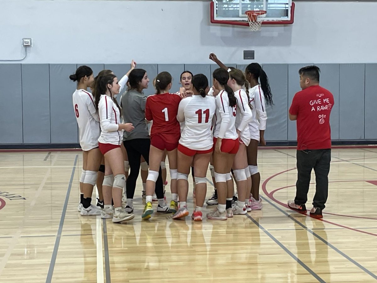 The junior varsity volleyball team cheers after their win against Waldorf. This was the third non-league game of the season, and they anticipate two more pre-season games before the league games commence.