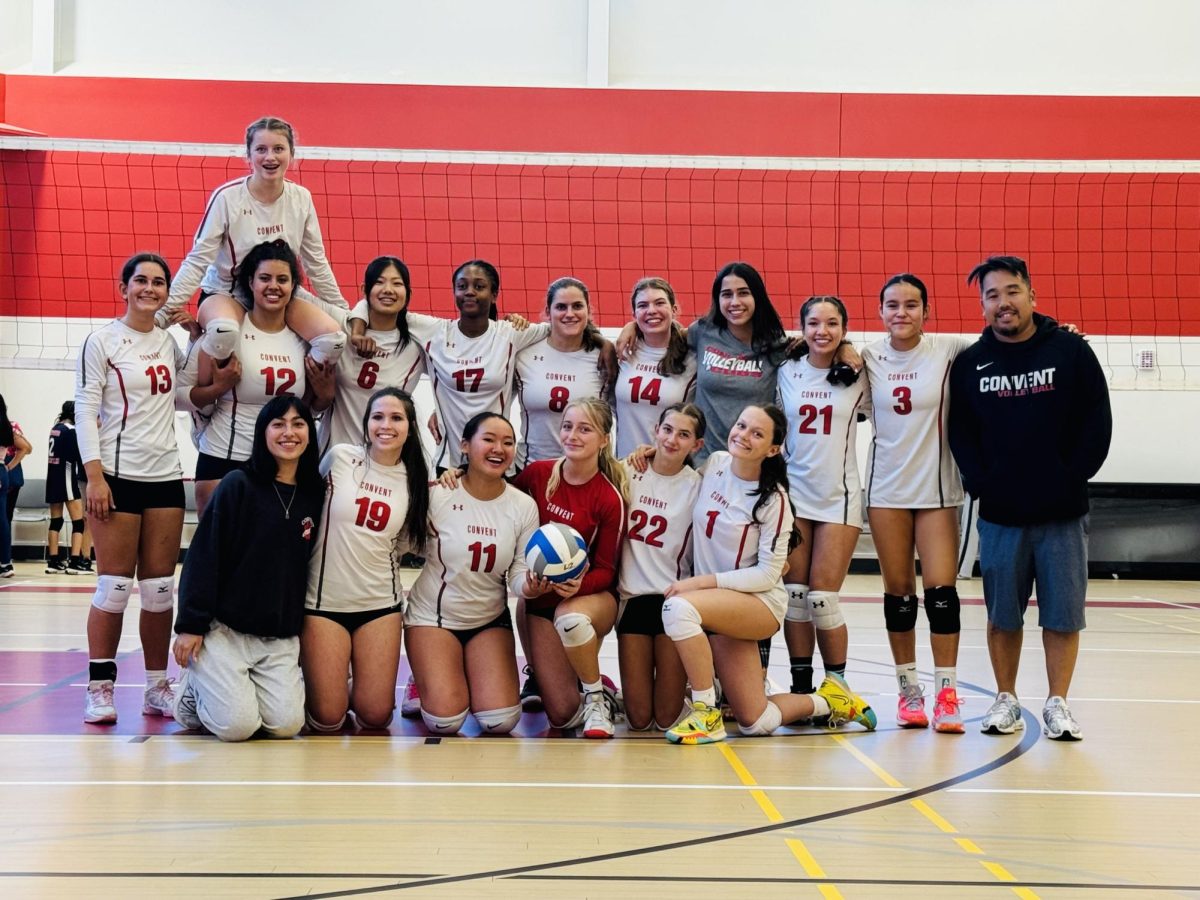 The entire junior varsity volleyball team poses to celebrate their final win after the championship game. In all, the team went undefeated against six different schools in the Bay Area. 