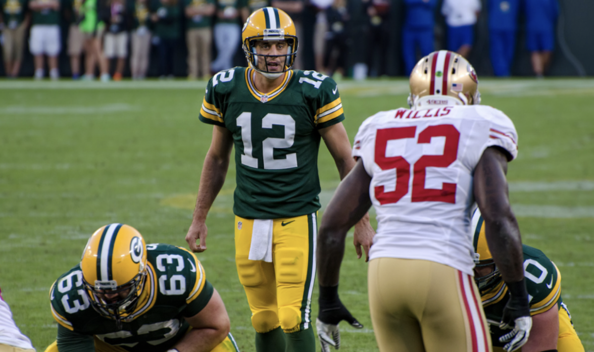 Now retired Forty-Niners player Bruce Willis stares down opponents on San Francisco’s rival team, the Green Bay Packers. In all, the Forty-Niners have retired 12 jerseys, and this year have drafted 7 new players. 