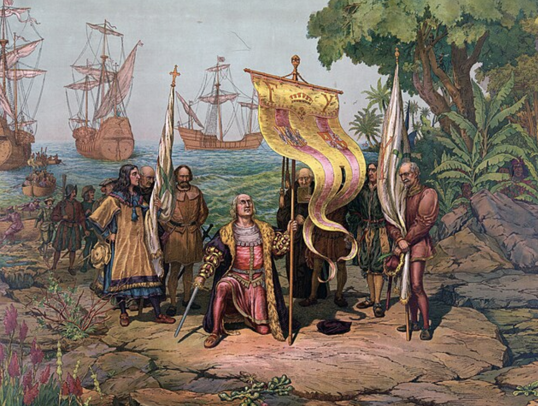 Columbus Taking Possession by L. Prang, created in 1893. s Christopher Columbus sets foot on the Americas with his crew, waving the Spanish and Catholic flags. 