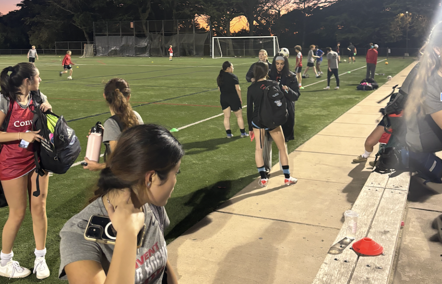 Girls tryout for Covent soccer teams in their uniform shirts that read ‘Convent Soccer’. These practice shirts must be purchased through the Convent Soccer team’s spirit pack.  
