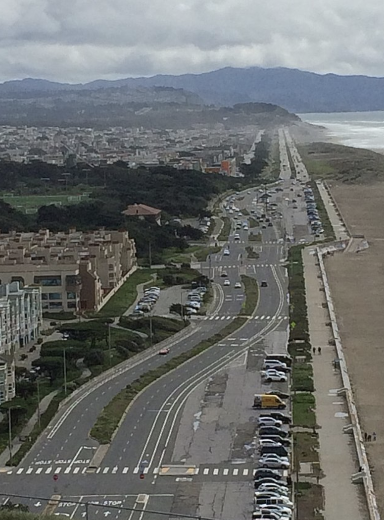 San Francisco’s Great Highway pictured looking south. The Pacific Ocean is on the right, and Golden Gate Park is on the left.