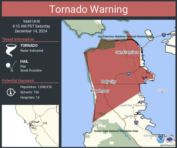 The area that the tornado would be affecting is highlighted in red. This would make this the first ever tornado warning to cover downtown San Francisco.