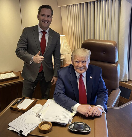 President Trump sits aboard Air Force One on his way to New Orleans, Louisiana, on February 9, 2025. During the flight President Trump addressed the press before signing a proclamation to rename the Gulf of Mexico as the Gulf of America.