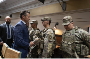 Secretary of Defense Pete Hesgeth meets with National Guard troops stationed in Washington D.C. National Guard units were deployed as means of protection against crime.
