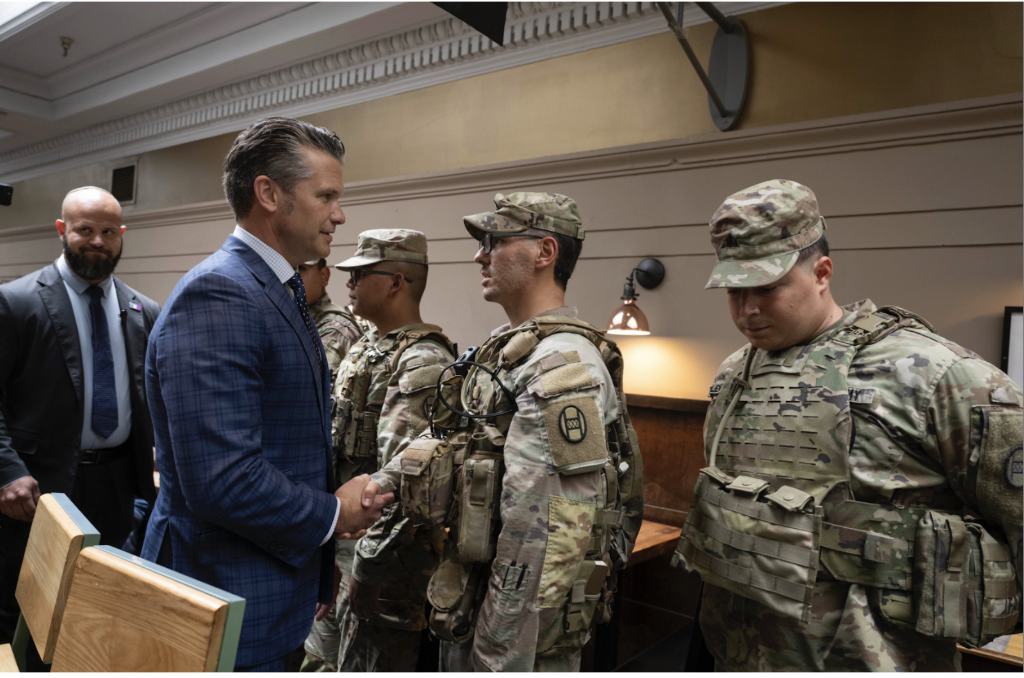 Secretary of Defense Pete Hesgeth meets with National Guard troops stationed in Washington D.C. National Guard units were deployed as means of protection against crime.