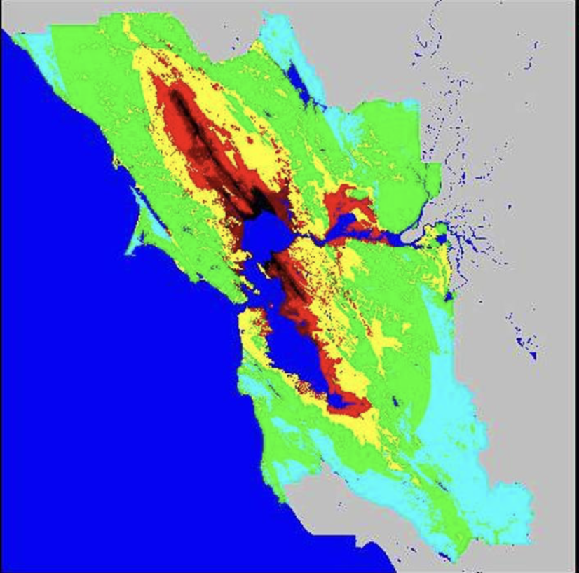 A map of the north Hayward Fault Zone represents motion in the Mercalli Intensity Scale. The Hayward Fault was the source of the earthquake, which was felt throughout the city of San Francisco.