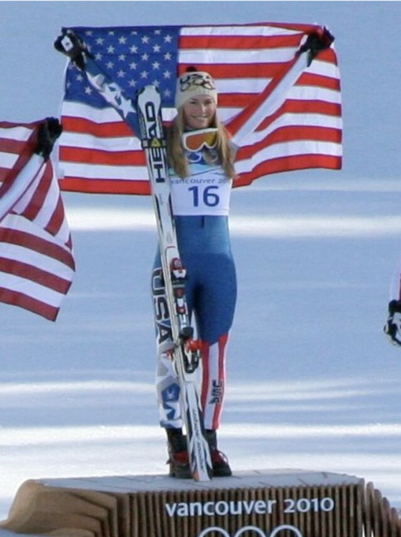 Lindsey Vonn winning gold at the 2010 Winter Olympics in Canada on Whistler mountain. Along with this win she was the first woman to have won 82 world cup races competing in Women's Downhill in 2019.